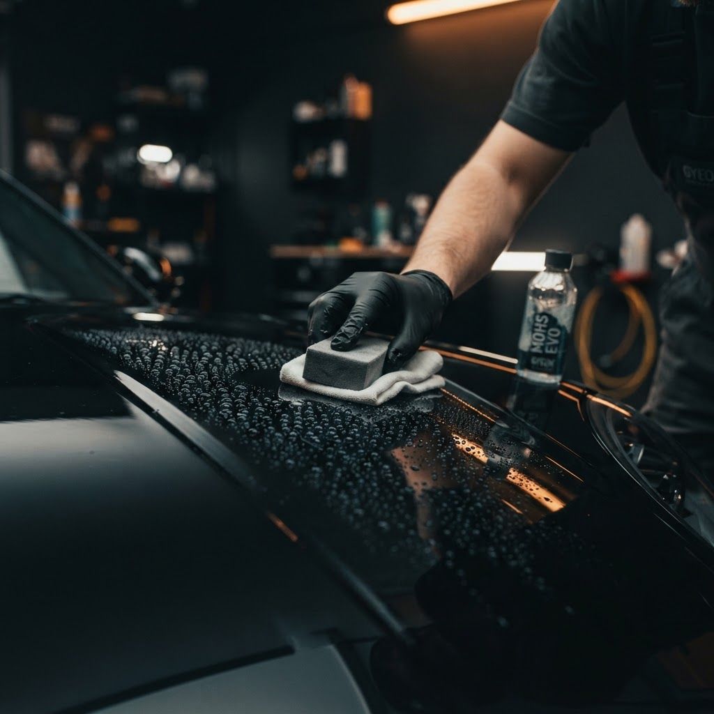 Ceramic coating application on black car paint in Kankakee County